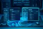 Representación conceptual de dos interfaces de configuración de Windows 11 situadas sobre una mesa de trabajo tecnológica con iluminación azul.