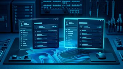 Representación conceptual de dos interfaces de configuración de Windows 11 situadas sobre una mesa de trabajo tecnológica con iluminación azul.