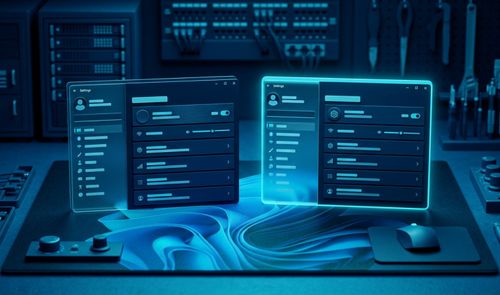Representación conceptual de dos interfaces de configuración de Windows 11 situadas sobre una mesa de trabajo tecnológica con iluminación azul.