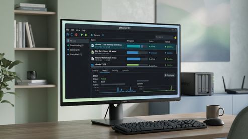 Interfaz del software qBittorrent 5.3 mostrada en un monitor de escritorio con varios archivos en descarga y gráficas de tráfico.