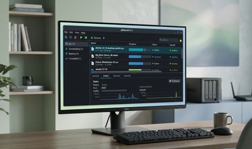 Interfaz del software qBittorrent 5.3 mostrada en un monitor de escritorio con varios archivos en descarga y gráficas de tráfico.