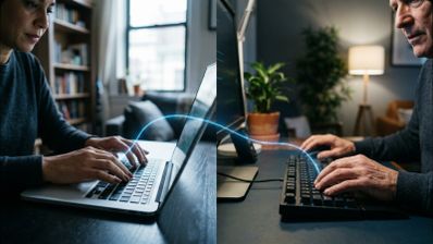 Dos personas trabajando en ordenadores diferentes conectadas por una línea de luz azul que simboliza el escritorio remoto.