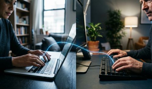 Dos personas trabajando en ordenadores diferentes conectadas por una línea de luz azul que simboliza el escritorio remoto.