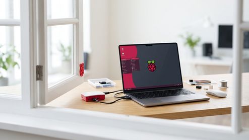 Ordenador portátil ejecutando el sistema operativo Raspberry Pi Desktop junto a una placa Raspberry Pi en su carcasa oficial sobre un escritorio de madera.
