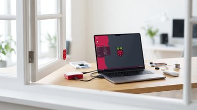 Ordenador portátil ejecutando el sistema operativo Raspberry Pi Desktop junto a una placa Raspberry Pi en su carcasa oficial sobre un escritorio de madera.