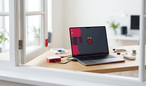 Ordenador portátil ejecutando el sistema operativo Raspberry Pi Desktop junto a una placa Raspberry Pi en su carcasa oficial sobre un escritorio de madera.