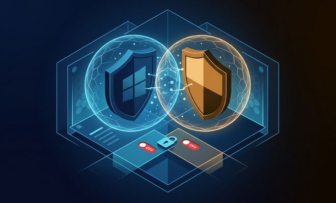 Representación conceptual de dos escudos de seguridad informática enfrentados dentro de burbujas de energía sobre una interfaz digital.