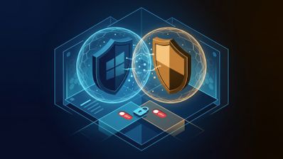 Representación conceptual de dos escudos de seguridad informática enfrentados dentro de burbujas de energía sobre una interfaz digital.