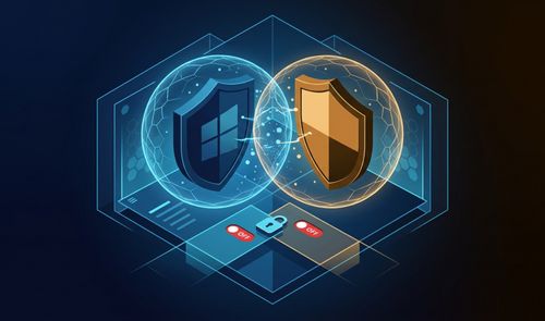Representación conceptual de dos escudos de seguridad informática enfrentados dentro de burbujas de energía sobre una interfaz digital.