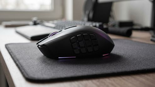 Vista lateral de un ratón Razer Naga V2 HyperSpeed sobre una alfombrilla negra, mostrando su panel lateral con múltiples botones programables.