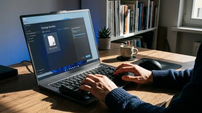 Persona utilizando un ordenador portátil para gestionar un Package Bundle de aplicaciones en la interfaz de UniGetUI.
