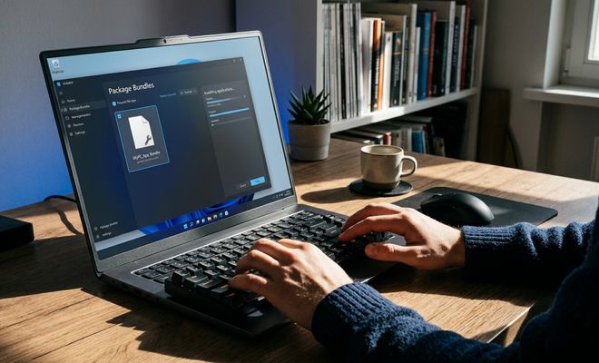 Persona utilizando un ordenador portátil para gestionar un Package Bundle de aplicaciones en la interfaz de UniGetUI.