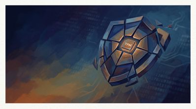 Ilustración artística de un escudo fragmentado con un chip central marcado como TPM sobre un fondo de código y circuitos.