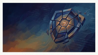 Ilustración artística de un escudo fragmentado con un chip central marcado como TPM sobre un fondo de código y circuitos.