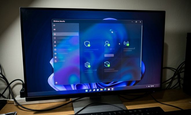 Monitor de ordenador mostrando la interfaz de la aplicación Seguridad de Windows con el lenguaje de diseño de Windows 11.