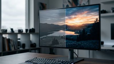 Monitor de ordenador en un escritorio mostrando una comparativa de imagen con y sin HDR en un paisaje de montaña al atardecer.