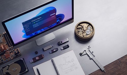 Escritorio con monitor que muestra la ventana de Windows Update junto a componentes de hardware, un reloj de engranajes y herramientas de medición.