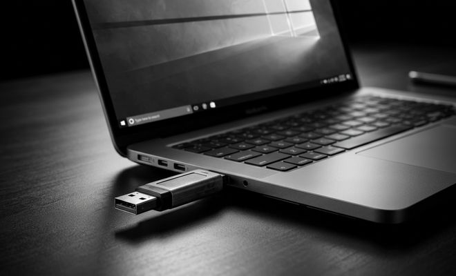 Memoria USB conectada al puerto lateral de un ordenador portátil sobre una mesa oscura.