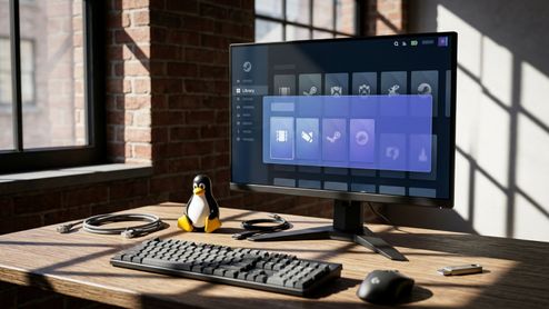 Escritorio con un monitor que muestra la interfaz de Steam, un teclado mecánico y una figura de Tux, el pingüino de Linux.