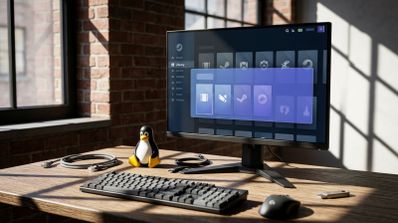 Escritorio con un monitor que muestra la interfaz de Steam, un teclado mecánico y una figura de Tux, el pingüino de Linux.