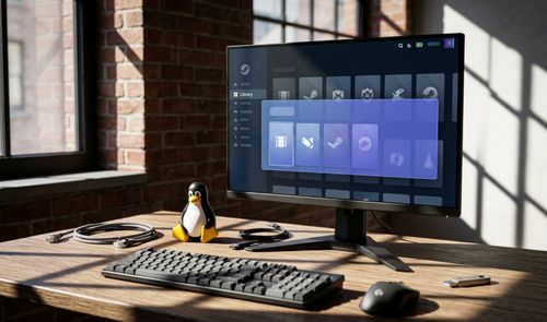 Escritorio con un monitor que muestra la interfaz de Steam, un teclado mecánico y una figura de Tux, el pingüino de Linux.