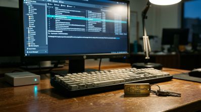 Monitor de ordenador mostrando la interfaz de gestión de correo electrónico Thunderbird 157 junto a una llave física de seguridad sobre un escritorio.