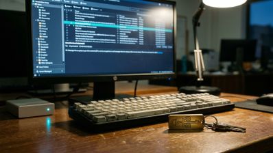 Monitor de ordenador mostrando la interfaz de gestión de correo electrónico Thunderbird 157 junto a una llave física de seguridad sobre un escritorio.