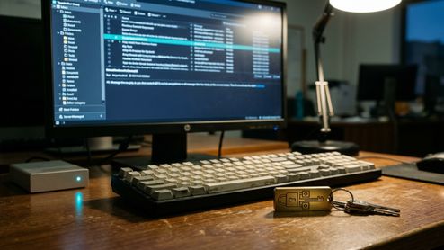 Monitor de ordenador mostrando la interfaz de gestión de correo electrónico Thunderbird 157 junto a una llave física de seguridad sobre un escritorio.