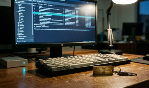 Monitor de ordenador mostrando la interfaz de gestión de correo electrónico Thunderbird 157 junto a una llave física de seguridad sobre un escritorio.