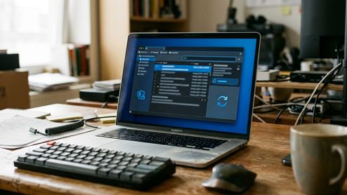 Interfaz del cliente de correo Thunderbird 158.0 abierta en la pantalla de un MacBook Pro sobre un escritorio de madera.