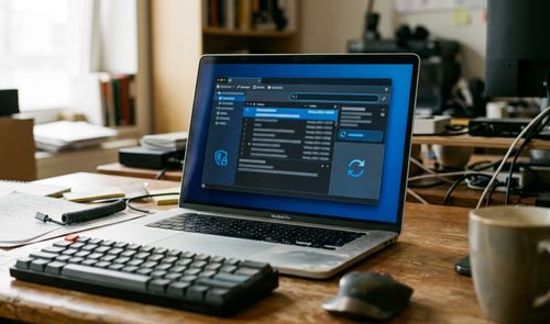 Interfaz del cliente de correo Thunderbird 158.0 abierta en la pantalla de un MacBook Pro sobre un escritorio de madera.