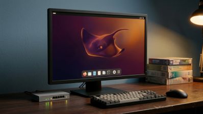 Monitor de ordenador en un escritorio mostrando el escritorio de Ubuntu con un fondo de pantalla de una raya estilizada.