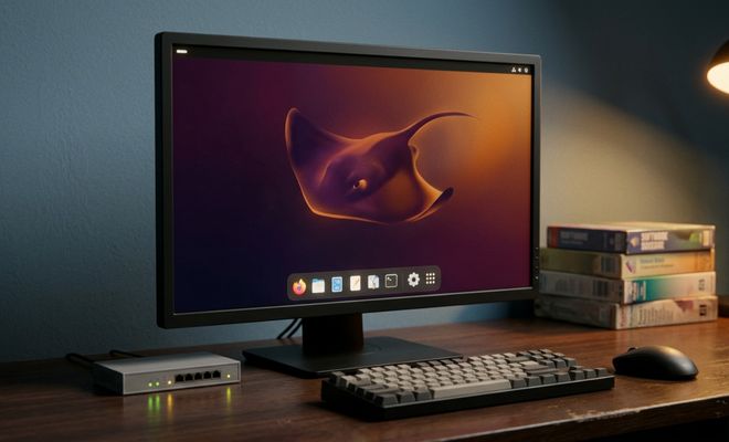 Monitor de ordenador en un escritorio mostrando el escritorio de Ubuntu con un fondo de pantalla de una raya estilizada.