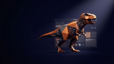 Ilustración de un tiranosaurio rex de estilo geométrico en tonos naranja y gris sobre un fondo de interfaz de software.