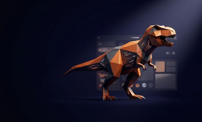 Ilustración de un tiranosaurio rex de estilo geométrico en tonos naranja y gris sobre un fondo de interfaz de software.