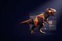 Ilustración de un tiranosaurio rex de estilo geométrico en tonos naranja y gris sobre un fondo de interfaz de software.