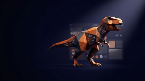 Ilustración de un tiranosaurio rex de estilo geométrico en tonos naranja y gris sobre un fondo de interfaz de software.