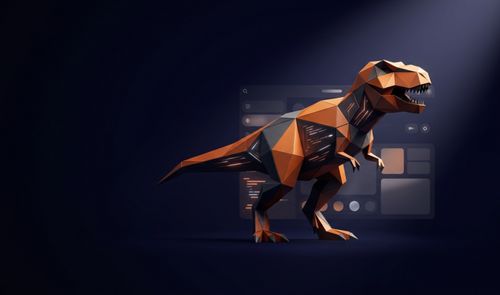 Ilustración de un tiranosaurio rex de estilo geométrico en tonos naranja y gris sobre un fondo de interfaz de software.