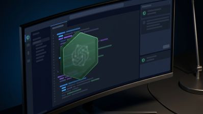 Monitor que muestra la interfaz de Visual Studio Code con un icono de red neuronal protegido por un hexágono verde traslúcido y símbolos de seguridad en los paneles laterales.