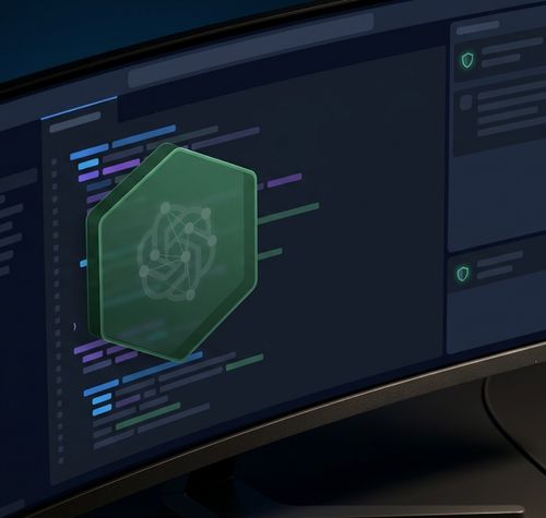 Monitor que muestra la interfaz de Visual Studio Code con un icono de red neuronal protegido por un hexágono verde traslúcido y símbolos de seguridad en los paneles laterales.