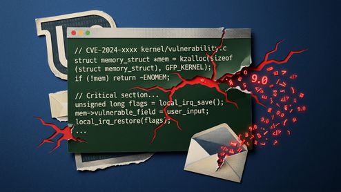 Ilustración conceptual de una ventana de código del kernel de Linux resquebrajada con el aviso de seguridad CVE-2024-xxxx y una fuga de datos representados por el número 9.0 saliendo hacia un sobre de correo.