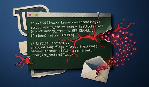 Ilustración conceptual de una ventana de código del kernel de Linux resquebrajada con el aviso de seguridad CVE-2024-xxxx y una fuga de datos representados por el número 9.0 saliendo hacia un sobre de correo.