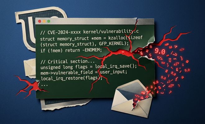 Ilustración conceptual de una ventana de código del kernel de Linux resquebrajada con el aviso de seguridad CVE-2024-xxxx y una fuga de datos representados por el número 9.0 saliendo hacia un sobre de correo.