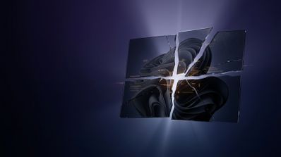 Ilustración conceptual del logotipo de Windows formado por cristales rotos y agrietados sobre un fondo oscuro.