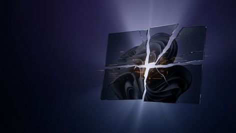 Ilustración conceptual del logotipo de Windows formado por cristales rotos y agrietados sobre un fondo oscuro.