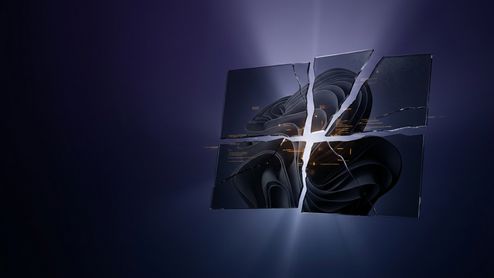 Ilustración conceptual del logotipo de Windows formado por cristales rotos y agrietados sobre un fondo oscuro.