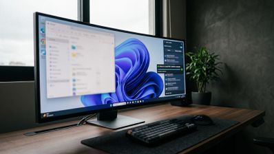 Monitor ultra ancho con la interfaz de Windows 11 mostrando el explorador de archivos y el menú de inicio sobre un escritorio de madera.
