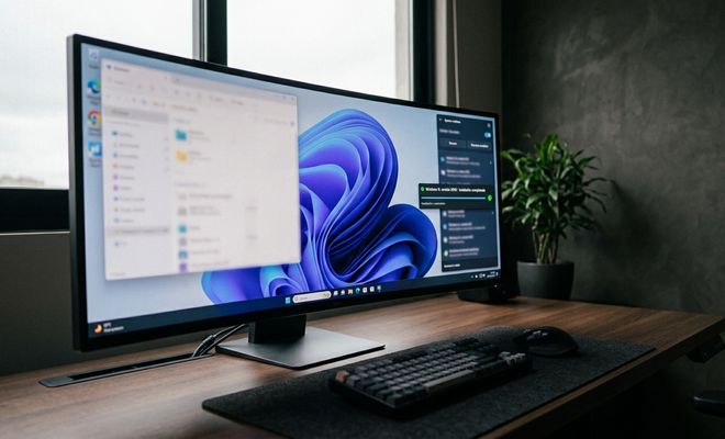 Monitor ultra ancho con la interfaz de Windows 11 mostrando el explorador de archivos y el menú de inicio sobre un escritorio de madera.