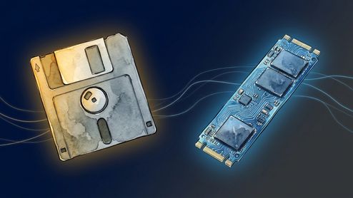 Ilustración de un disquete clásico de 3,5 pulgadas junto a una unidad de almacenamiento SSD M.2 moderna sobre un fondo oscuro con líneas onduladas.