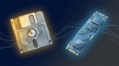 Ilustración de un disquete clásico de 3,5 pulgadas junto a una unidad de almacenamiento SSD M.2 moderna sobre un fondo oscuro con líneas onduladas.